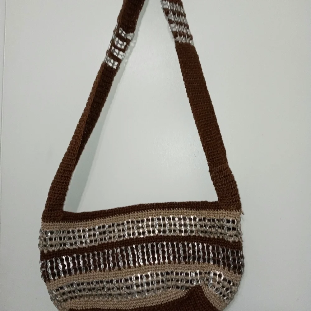 Handmade Crochet Hobo Bag made with Silver Flip top Soda can Tabs.Brown Beige